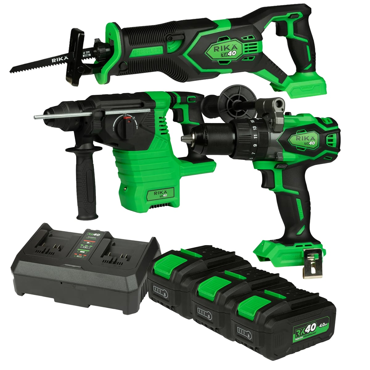 Rikä RK40 40V Construction Pro Kit | 150Nm Drill + SDS+ Hammer + Recip Saw | Brushless | 3x 4.0Ah Tabless Batteries